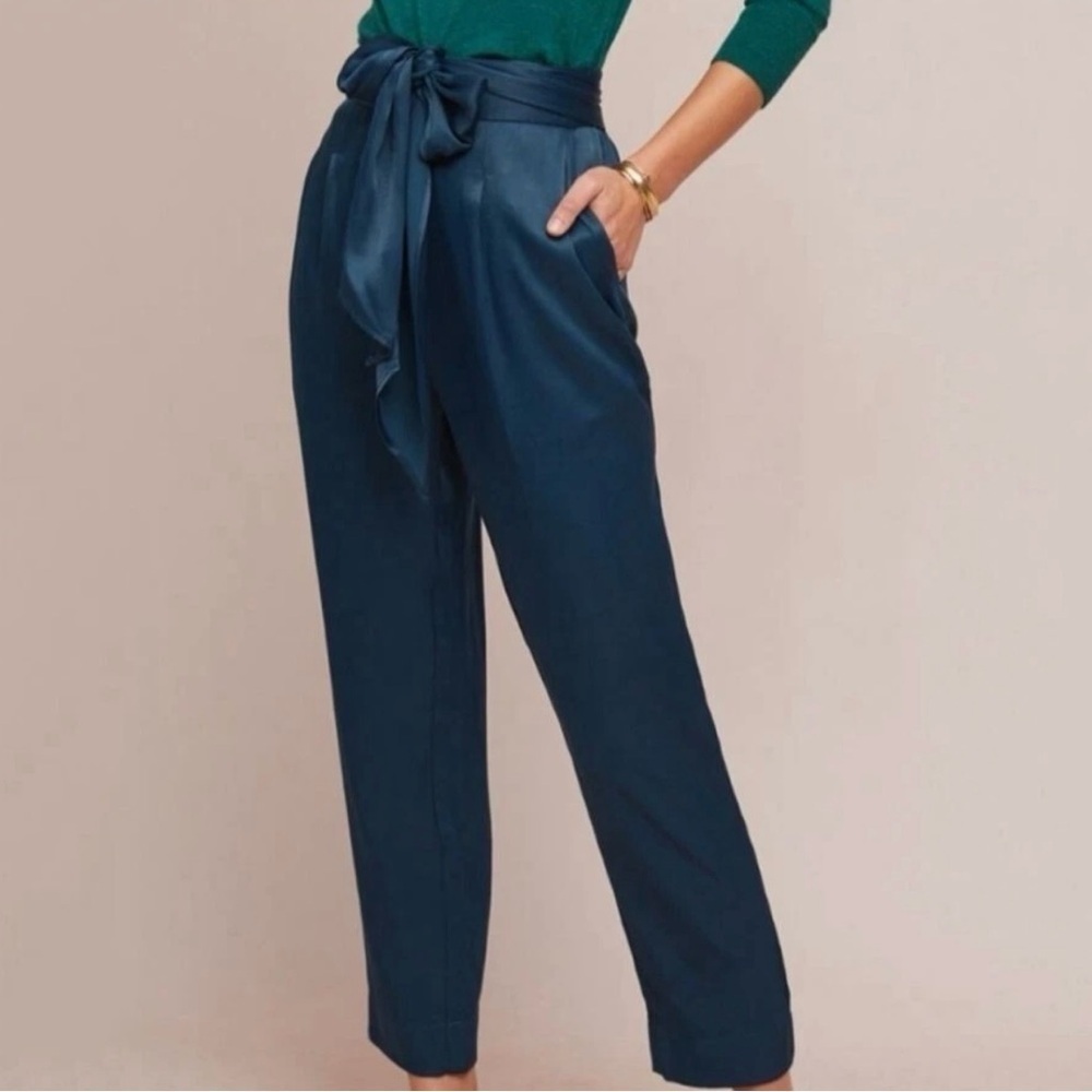 NEW Anthropologie Ett Twa Crop Pants Womens 14 Turquoise Satin Tie Waist - Picture 2 of 15